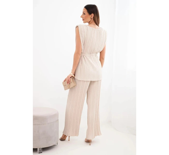 Dámský viskózový komplet s halenkou a širokými kalhotami béžový model 22025290 - K-Fashion Dámský viskózový komplet s halenkou a širokými kalhotami béžový model 22025290 - K-Fashion