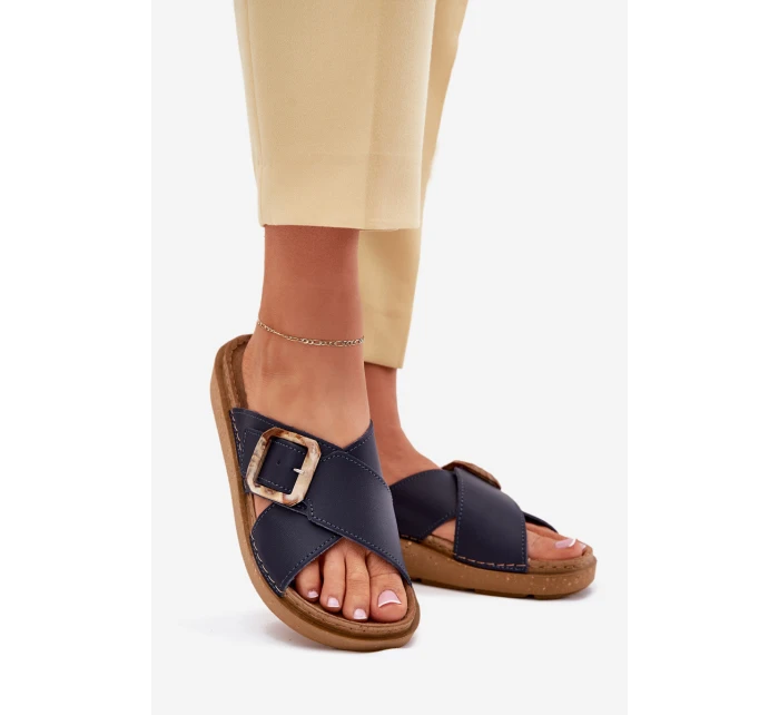 Dámské Kožené Klapky S Přezkou Tmavě Modré model 21702514 - Inblu