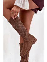 Dámské prolamované kozačky na plochém podpatku S.Barski – hnědé