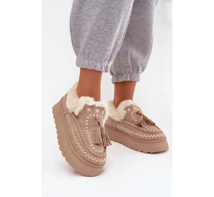Dámské sněhule Ferayne na platformě s kožešinou a třásněmi – béžové