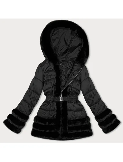 Černá prošívaná dámská bunda s kožešinou pro přechodné období model 21247248 - J.STYLE