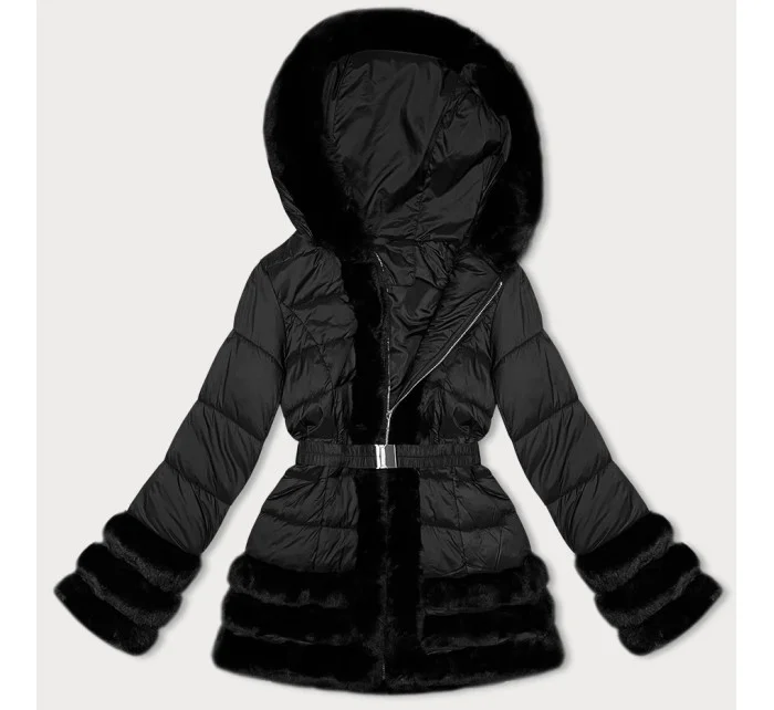 Černá prošívaná dámská bunda s kožešinou pro přechodné období model 21247248 - J.STYLE