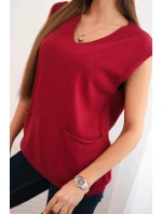 Dámský viskózový svetr bez rukávů s kapsami a V výstřihem bordový Dámský viskózový svetr bez rukávů s kapsami a V výstřihem bordový