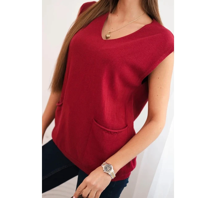 Dámský viskózový svetr bez rukávů s kapsami a V výstřihem bordový Dámský viskózový svetr bez rukávů s kapsami a V výstřihem bordový