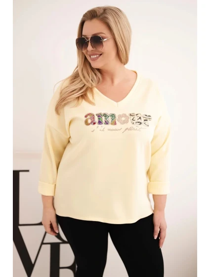 Dámská mikina Plus Size s nápisem a výstřihem do V žlutá Dámská mikina Plus Size s nápisem a výstřihem do V žlutá