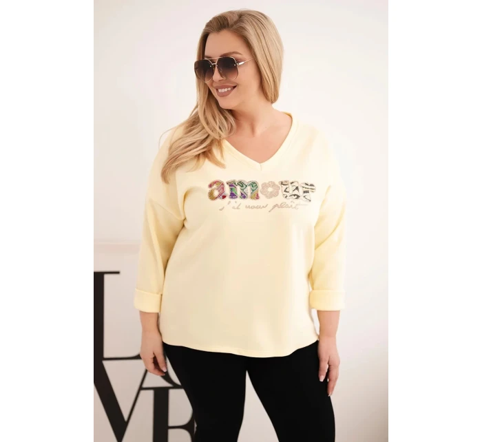 Dámská mikina Plus Size s nápisem a výstřihem do V žlutá Dámská mikina Plus Size s nápisem a výstřihem do V žlutá