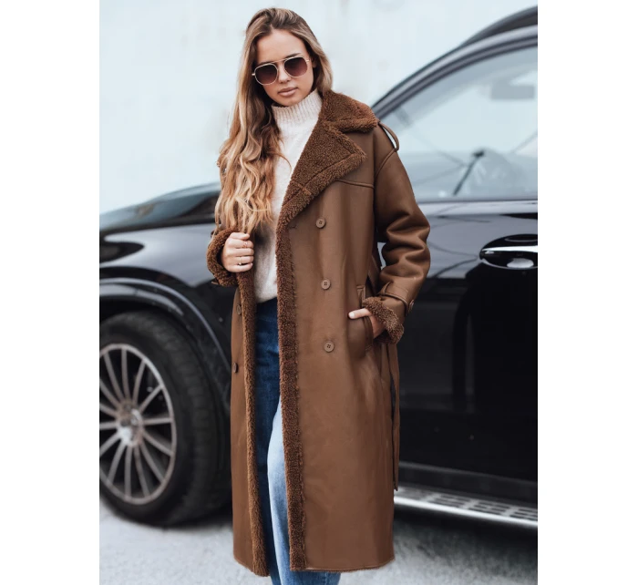 Dámský zimní kabát dlouhý hnědý kožený Dstreet model 21990801 - FashionStreet