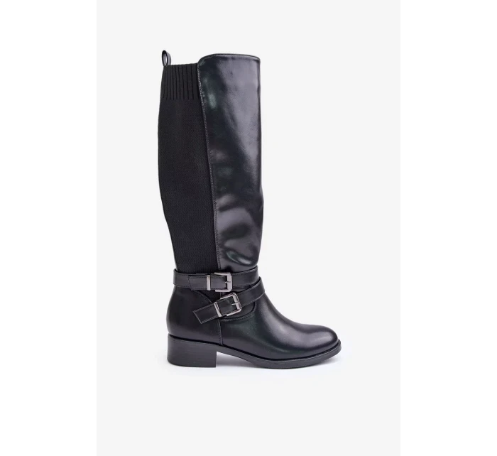 Dámské Kozačky Pod Kolena Na Plochém Podpatku S Přezkami Černé Lotina