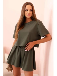 Dámský bavlněný komplet s širokými šortkami khaki