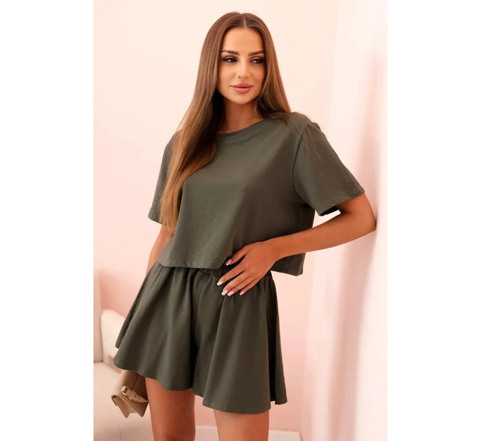Dámský bavlněný komplet s širokými šortkami khaki