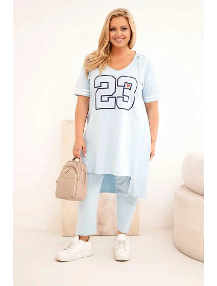 Dámská bavlněná souprava Plus Size s mikinou s kapucí a kalhotami modrá Dámská bavlněná souprava Plus Size s mikinou s kapucí a kalhotami modrá
