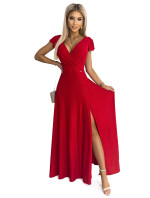 Dámské třpytivé dlouhé šaty s výstřihem CRYSTAL - červené