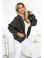691-4 Rozpinana bluza damska z kapturem i ozdobnym zamkiem - khaki
