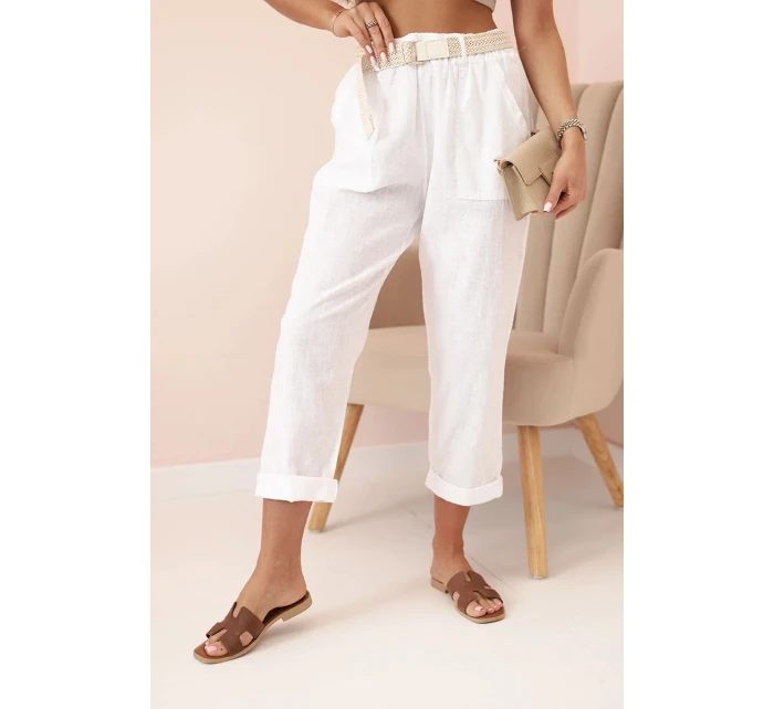 Dámské model 21219995 kalhoty s bavlnou a páskem bílé - K-Fashion