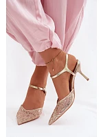 Pánské síťované dámské sandály na jehlovém podpatku se zdobením Zlato model 22103194 - Boto