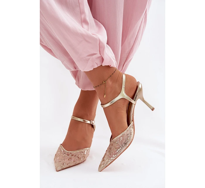 Pánské síťované dámské sandály na jehlovém podpatku se zdobením Zlato model 22103194 - Boto