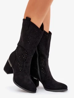 Dámské perforované kozačky do poloviny lýtka ve stylu kovbojek S.Barski – černé, eko kůže