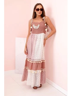 Dámské boho šaty s ramínky s výšivkou a krajkou velbloud