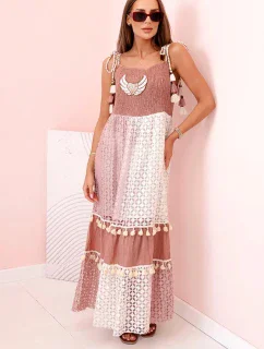 Dámské boho šaty s ramínky s výšivkou a krajkou velbloud