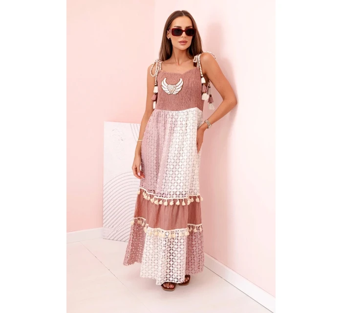 Dámské boho šaty s ramínky s výšivkou a krajkou velbloud