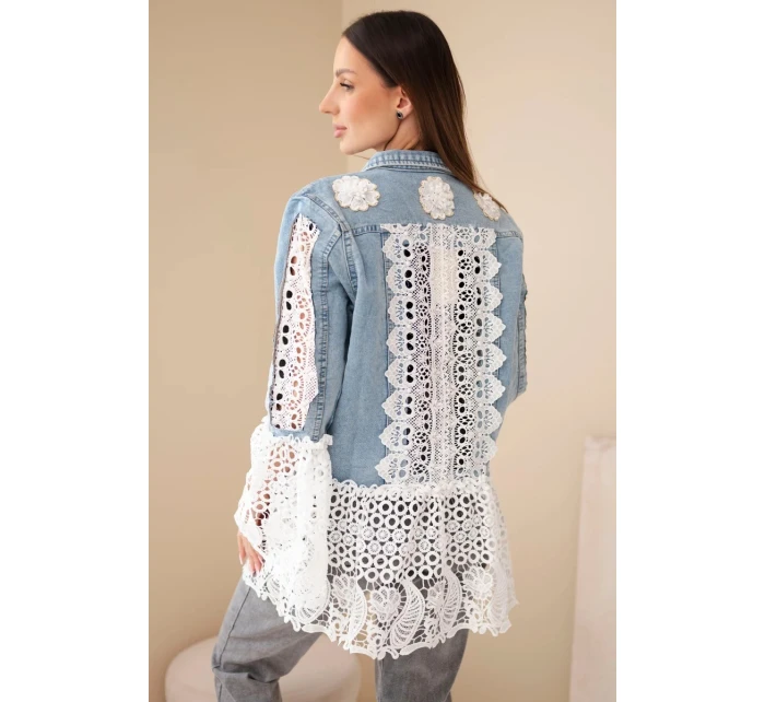 Dámská džínová bunda z bavlny a květinovou krajkou světle džínová