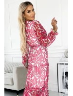 476-1 ENRICA Šaty s výstřihem a dlouhými rukávy - PINK WALES - síťovina