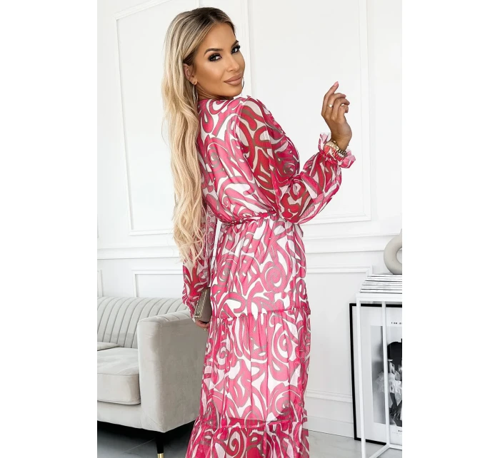 476-1 ENRICA Šaty s výstřihem a dlouhými rukávy - PINK WALES - síťovina