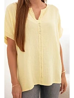 Dámská bavlněná oversize halenka s výstřihem do V a krajkou žlutá