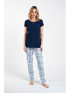Glamour dámské pyžamo, krátký rukáv, dlouhé kalhoty - tmavě modrá/potisk