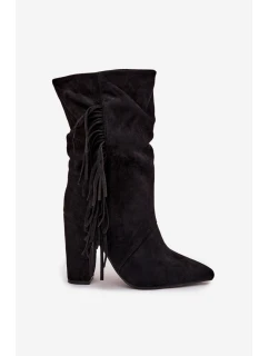 Zateplené dámské kotníkové boty na sloupkovém podpatku s třásněmi a řasením Darlina – černé