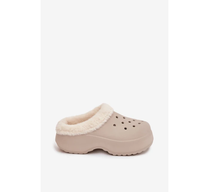 Dámské pěnové pantofle zateplené kožíškem – khaki Palvine