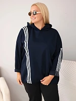 Dámská mikina Plus Size z viskózy s kapucí a ozdobnými pásky modrá