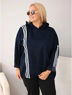 Dámská mikina Plus Size z viskózy s kapucí a ozdobnými pásky modrá