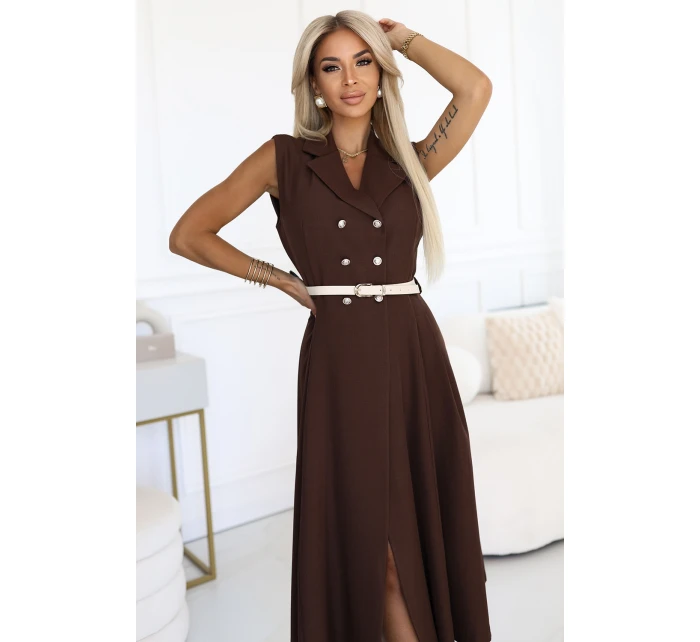 model 21232660 Elegantní midi košilka se zlatými knoflíky a páskem CHOCOLATE - numoco basic