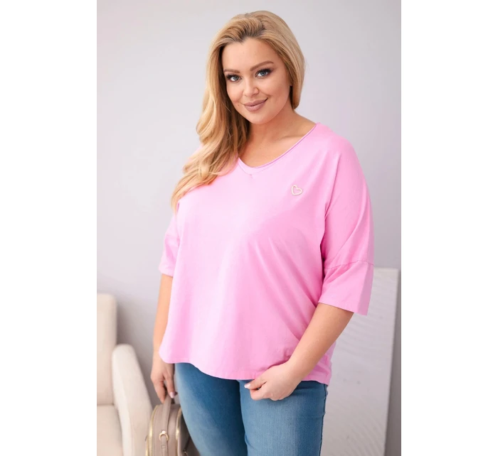 Dámská bavlněná oversize halenka Plus Size s výstřihem do V světle růžová