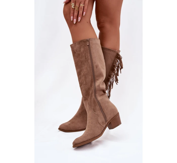 Dámské kozačky na podpatku s třásněmi zateplené khaki Firlina Dámské kozačky na podpatku s třásněmi zateplené khaki Firlina