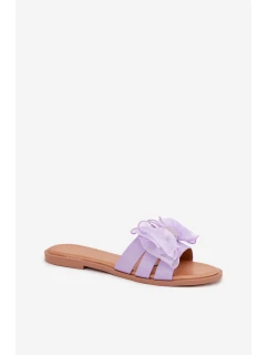 Dámské pantofle na nízkém podpatku s tylovou mašlí – fialové