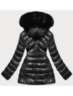 Lesklá černá zimní bunda s mechovitou kožešinou (W674)