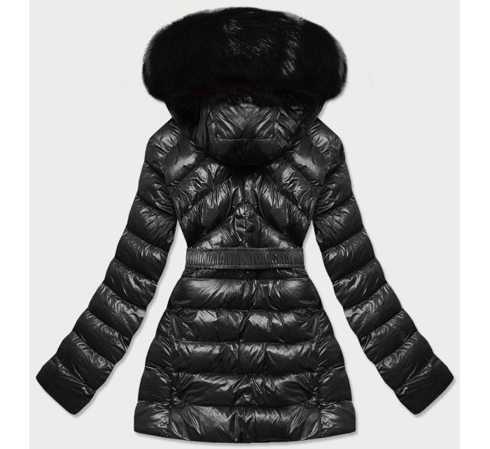 Lesklá černá zimní bunda s mechovitou kožešinou (W674)