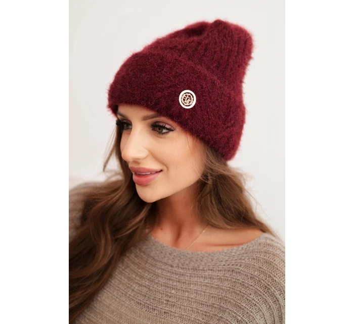 Dámská zimní čepice z příze a s knoflíkem bordová model 21441808 - K-Fashion