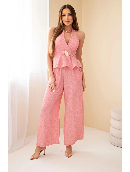 Dámský viskózový komplet top a kalhoty se širokou nohavicí tmavý pudrový model 22079425 - K-Fashion Dámský viskózový komplet top a kalhoty se širokou nohavicí tmavý pudrový model 22079425 - K-Fashion