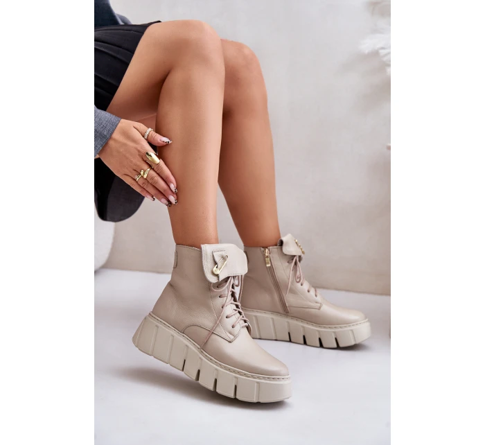 model 21673696 Kožené Boty Dámské Na Platformě Zateplené Béžové - Zazoo
