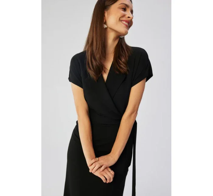 S363 Košilové šaty s páskem na zavázání - černé