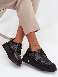 Dámské kožené šněrovací polobotky na platformě Artiker – černo/stříbrné