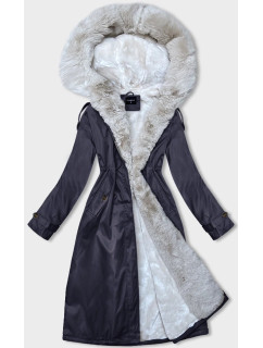 Tmavě modro-béžová dámská zimní bunda parka s kožešinou (B557-3046)