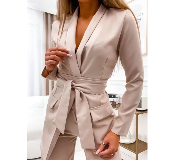 Béžový dámský komplet - volné sako a široké kalhoty (8167)