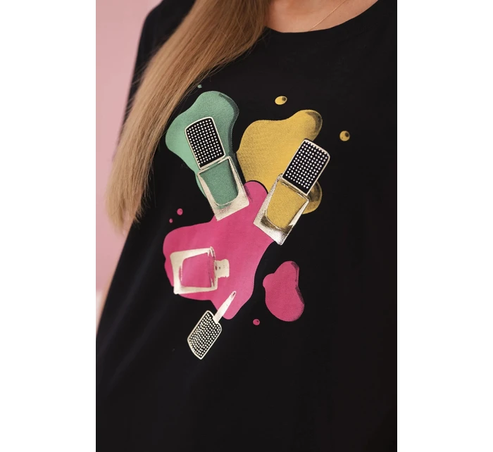 Dámská bavlněná blůza s krátkým rukávem a barevným potiskem černá Dámská bavlněná blůza s krátkým rukávem a barevným potiskem černá