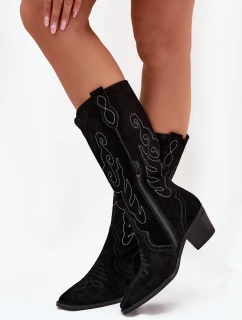 Velurové Dámské Cowboyské Kozáky Na Podpatku Černé Karira