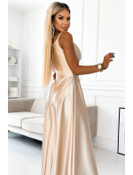CHIARA - Elegantní zlaté dámské saténové maxi šaty na ramínkách 299-8