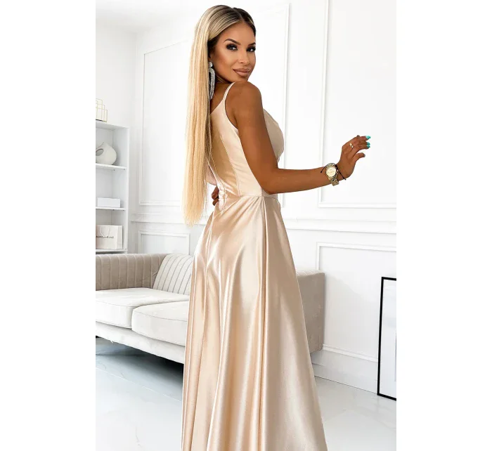 299-8 CHIARA elegantní maxi dlouhé saténové šaty bez ramínek - ZLATÉ